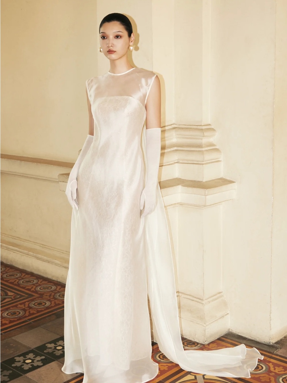 Sheer Cream Satin Maxi Dress with Train